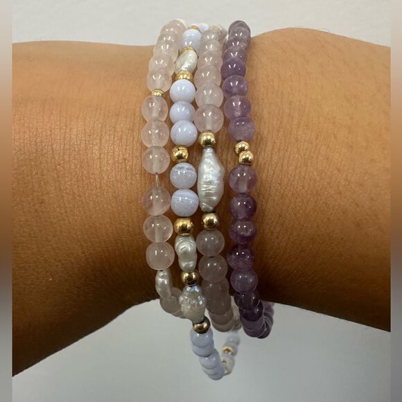 Vintage 14k Yellow Gold Pearl Rose Quartz Bead Ball Bracelet 7" - Picture 10 of 11